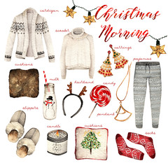 Watercolor Fashion Illustration. set of trendy accessories.Christmas morning. cardigan,sweater,pajamas,earrings,cushions,milk,hair band,candy,pendant, slippers,candle,socks