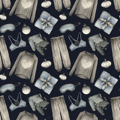 Watercolor Fashion Illustration. set of trendy accessories.Christmas morning. pajamas, pillows,bra, balls, slippers, sleeping mask,seamless pattern,black background