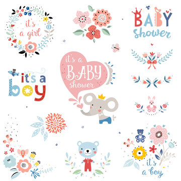 Baby Shower design elements and items. Vector set.