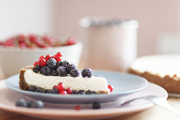 Slice of cheesecake with red currant and blackberries