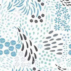 Leaves, flowers and stylized floral elements background. Vector seamless abstract ditsy pattern with botanical motiffs.