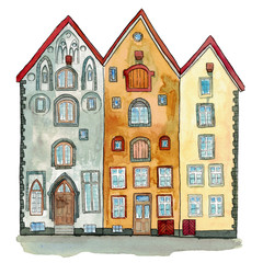Hand drawn watercolor and ink illustration of medieval houses in european old town street. Design for tourists goods, backgrounds.