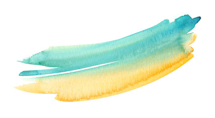 Teal green and warm yellow brush stroke painted in watercolor on clean white background - 246758077