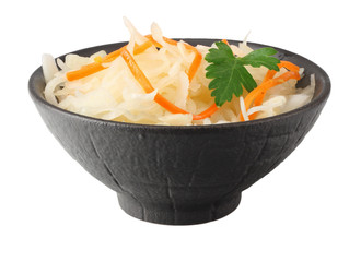 pickled cabbage and carrots in black bowl isolated on white background