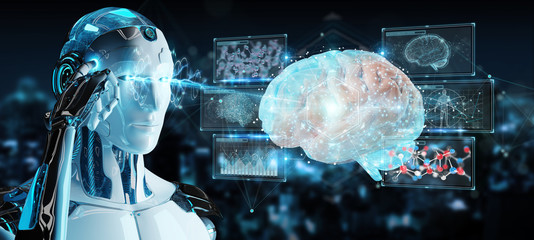 White man humanoid creating artificial intelligence 3D rendering