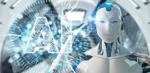 White humanoid using digital artificial intelligence icon hologram 3D rendering