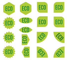 Eco sticker set. Green promotion labels. Modern vector flat style illustration isolated on white background. Green promotion labels for new arrivals shop section.