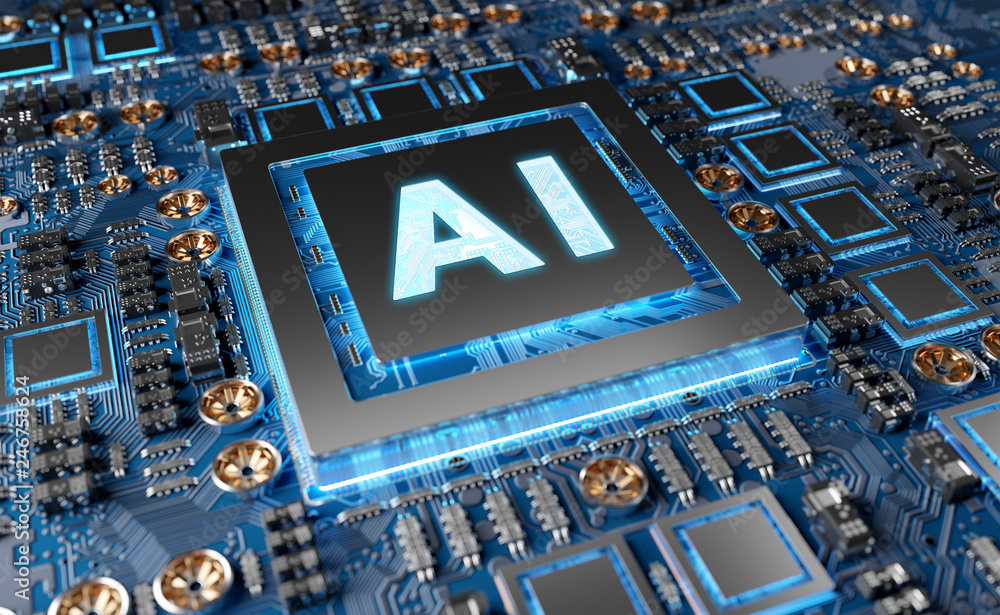 Fototapete artificial intelligence in a modern gpu card 3d rendering