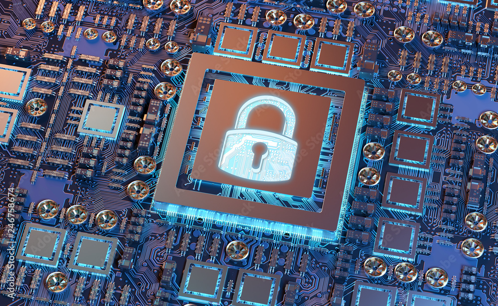 Poster close-up view of a modern gpu card with padlock protection 3d rendering