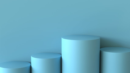 Empty pastel blue podium on blank wall background. 3D rendering.