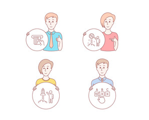 People hand drawn style. Set of Discount, Launch project and Credit card icons. Correct checkbox sign. Sale shopping, Business innovation, Atm payment. Answer.  Character hold circle button. Vector