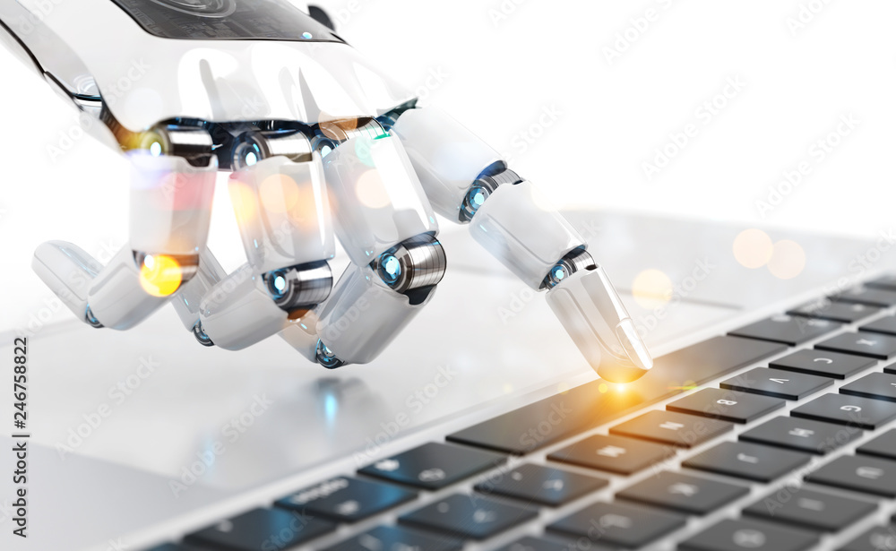 Fototapete white robot cyborg hand pressing a keyboard on a laptop 3d rendering