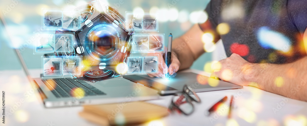 Aufkleber graphic designer using futuristic drone security camera 3d rendering