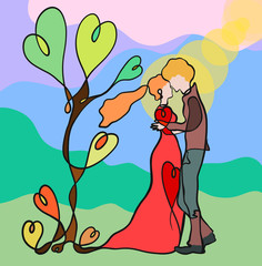 Gentle kiss under a tree with hearts