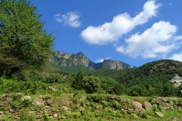 Fototapeta na wymiar natural landscape of mountains and blue sky from La Vall den Bas, Catalonia, Spain