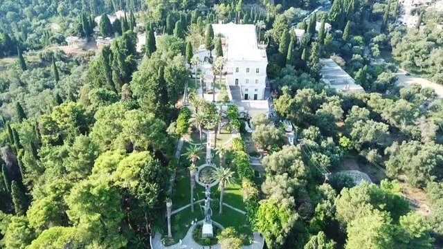 Aerial drone video of iconic Palace of Achileion former residence Empress Elisabeth of Austria (known as 'Sissi') and Kaiser William II of Germany, Corfu, Greece
