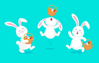 White rabbit holding Easter egg basket.  Jumping and dancing. Cute bunny. Happy Easter day, cartoon character design. Illustration isolated on blue background.