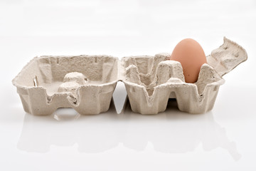 scatola porta uova vuote e con uovo su fondo bianco