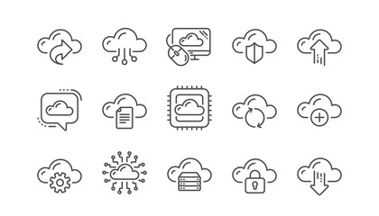 Cloud data and technology icons. Hosting, Computing data and File storage. Computer sync linear icon set.  Vector