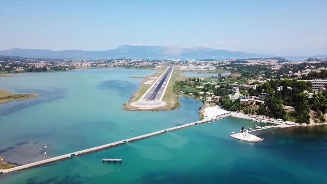 Aerial drone bird's eye view video of famous area of Kanoni near iconic Pontikonissi and airport of Corfu island, Ionian ,Greece