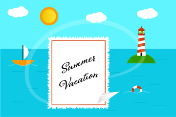 Summer holiday banner with sea, boat, lighthouse, sun and clouds. Vector illustration in flat style with modern typography.