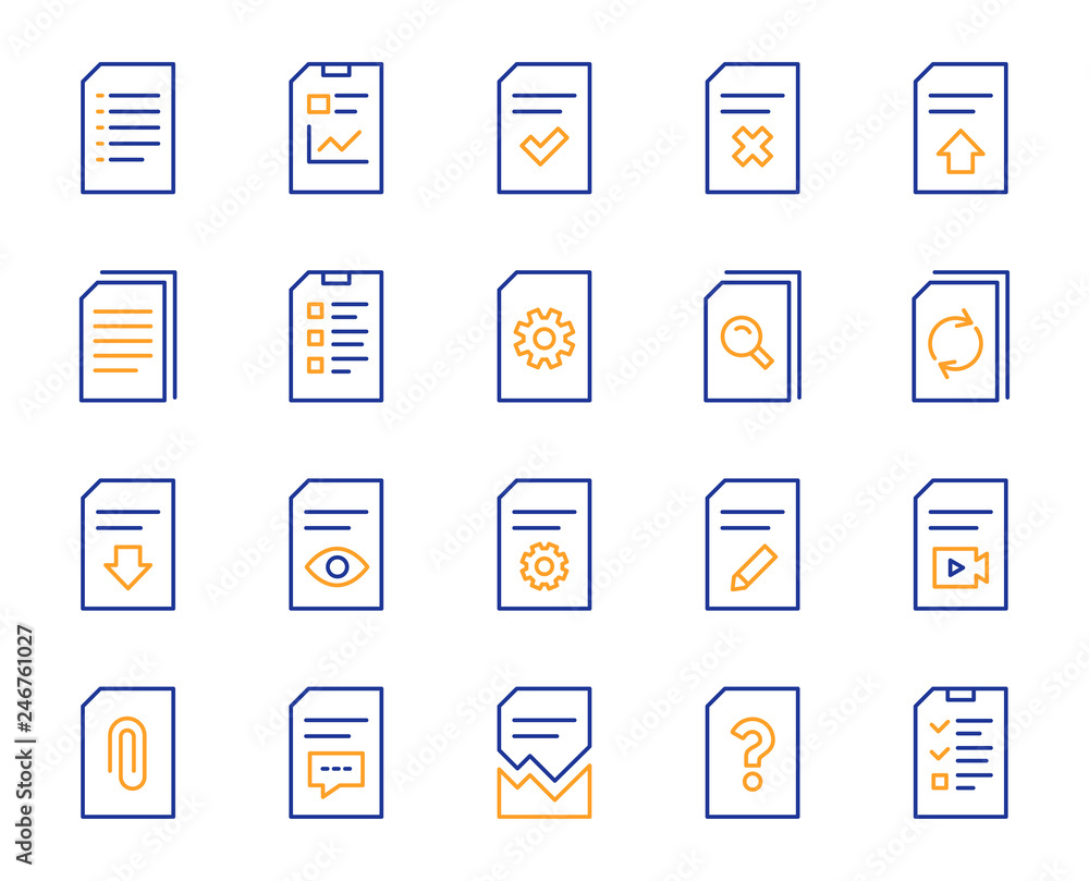 Poster document management line icons. set of report, checklist and copy icons. download file, remove and a