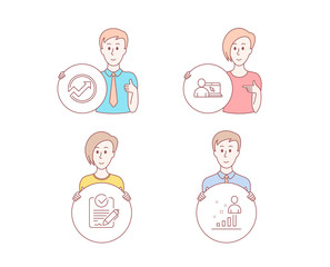 People hand drawn style. Set of Online education, Rfp and Audit icons. Stats sign. Internet lectures, Request for proposal, Arrow graph. Business analysis.  Character hold circle button. Vector