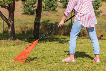 Woman raking leaves
