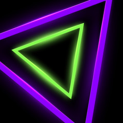 Black abstract background with green and purple shiny neon triangles pattern.
