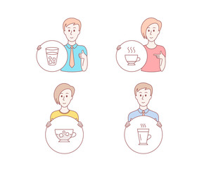 People hand drawn style. Set of Cold coffee, Ice tea and Espresso icons. Latte sign. Ice cubes in beverage, Soda beverage, Hot drink. Tea glass mug.  Character hold circle button. Man with like hand