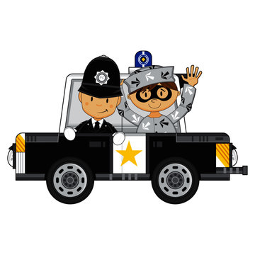 Cute Cartoon Policeman and Police Car with Classic Style Robber