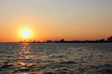 Romantic sunset in the harbor of Thessaloniki Greece