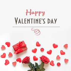 Valentine's day greeting card. Composition with gift, roses, red hearts. Top view. Copy space.