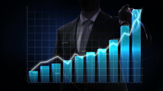 Businessman moves finger up, various animated Stock Market charts and bar graphs. Increase blue line. 4k animation.