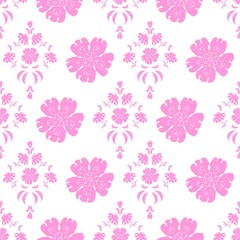Nice damask inspired pink vector seamless pattern with hand drawn floral elements, designed in straps. 