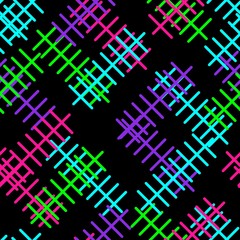 Playful geometric neon repeat pattern, hashtag effect. Vector seamless pattern tile. Simple line shapes in neon colors on dark background. 
