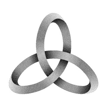Stippled knot Triquetra made of mobius strip. Vector textured illustration.