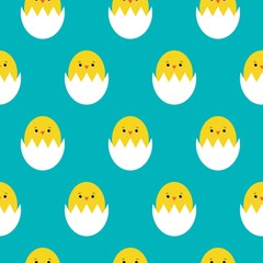Vector seamless pattern with cute yellow Easter chickens on a blue background. kawaii