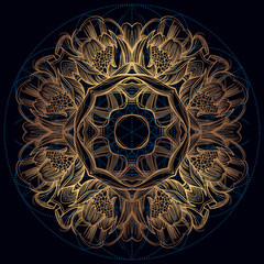 Elegant golden element of stylized leaves with smooth lines. A round ornamental floral pattern.