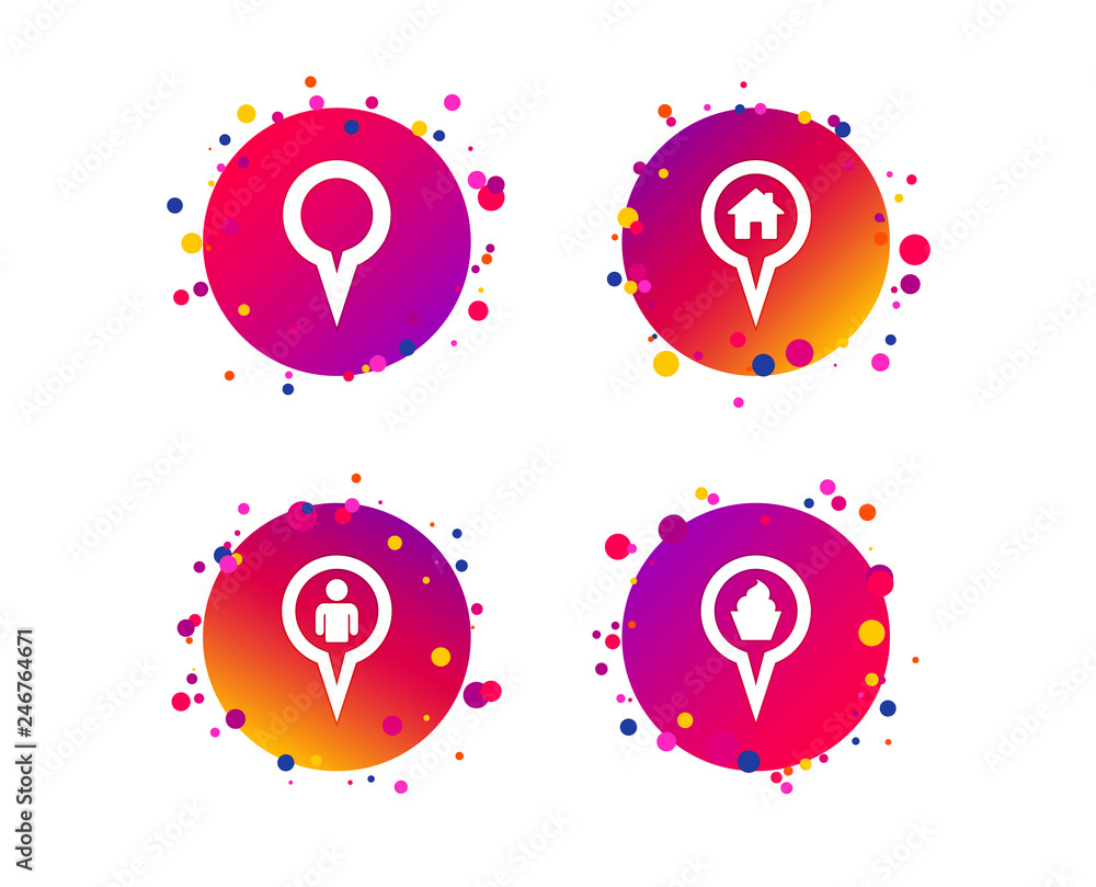 Poster map circle pointer icons. home, food and user location symbols. restaurant and cupcake signs. you ar