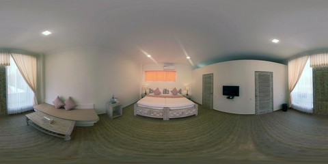 vr 360 bedroom interior with large bed in luxury hotel. Hotel room Interior travel concept.