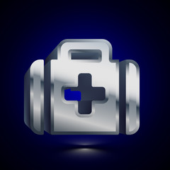 3D stylized First Aid Kit icon. Silver vector icon. Isolated symbol illustration on dark background.