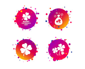 Saint Patrick day icons. Money bag with clovers and coins sign. Symbol of good luck. Gradient circle buttons with icons. Random dots design. Vector