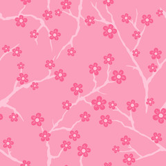 Hand Drawn Vector illustration seamless pattern tree Japanese cherry blossom, pink background