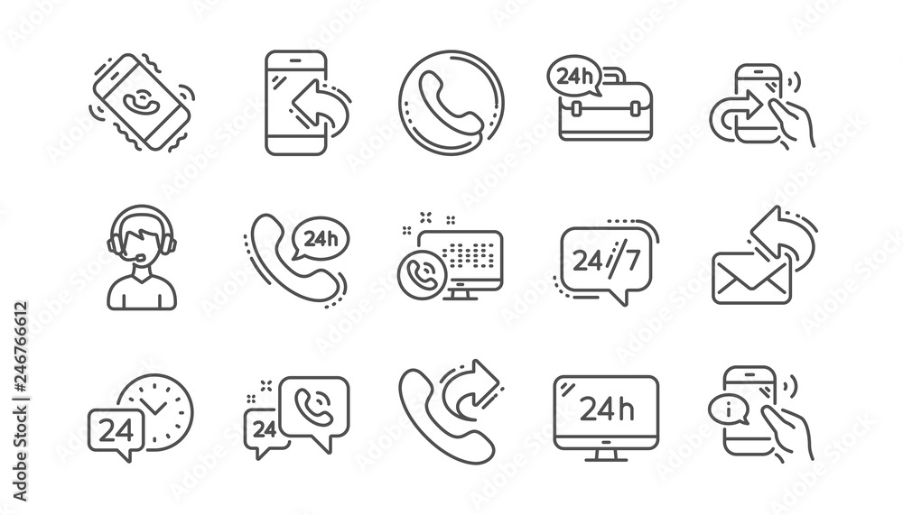Poster processing line icons. call center, support and chat message. 24 hour service linear icon set vector