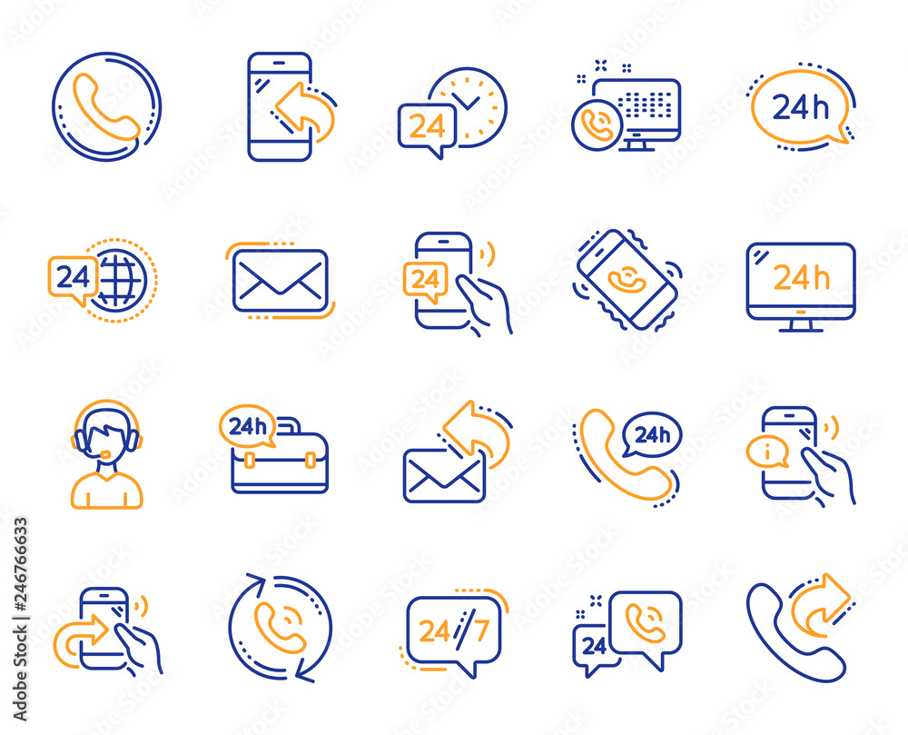 Poster processing line icons. set of callback or feedback, call support and chat message icons. 24 hour ser