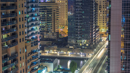 Aerial view of Dubai Marina from a vantage point night timelapse.