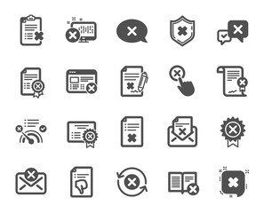 Reject or cancel icons. Set of Decline certificate, Cancellation and Dislike icons. Refuse, Reject stamp, Disapprove or cancel. Wrong agreement, delete certificate, checklist document. Vector