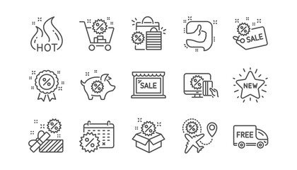Discount line icons. Shopping, Sale and New. Hot offer linear icon set. Vector