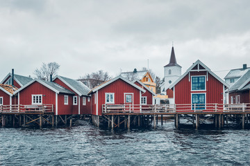 Traditional red rorbu houses in Reine, Norway